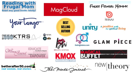 Logos of media outlets and websites that have featured Jean Walters, including YourTango, KMOX NewsRadio 1120, Big 550 KTRS, Glam Piece, The Magical Buffet, Unity, Reading with Frugal Mom, Funky Frugal Mommy, Brazen Woman, DatingAdvice.com, The Women&rsquo;s Journal, Better After 50, The Mind&rsquo;s Journal, New Theory and Issuu, with a Best Selling Author badge